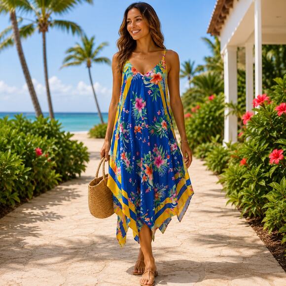 Tommy Bahama Dresses & Skirts - Tommy Bahama Tropical Floral Handkerchief Hem Midi Dress S/M Blue Yellow